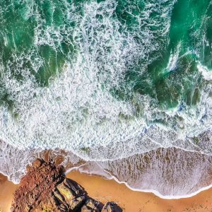 Birds eye view of ocean and beach