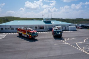 drone photo of Donegal Airport runway with two fire trucks