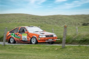 orange Toyota celieca at fanad stage of Donegal rally