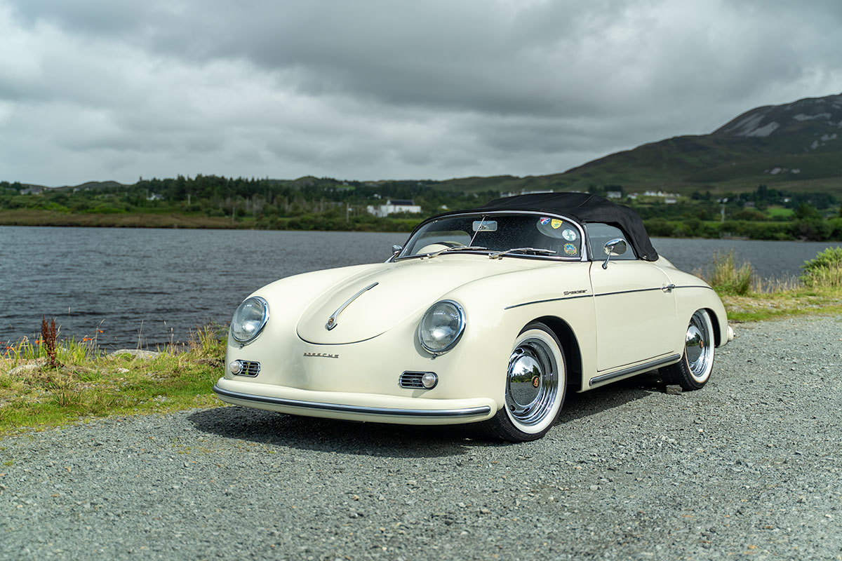 Porsche-speedster-956-front-close-3-quarter-lake-background